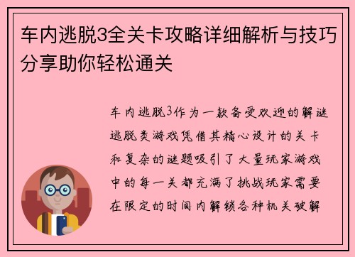 车内逃脱3全关卡攻略详细解析与技巧分享助你轻松通关
