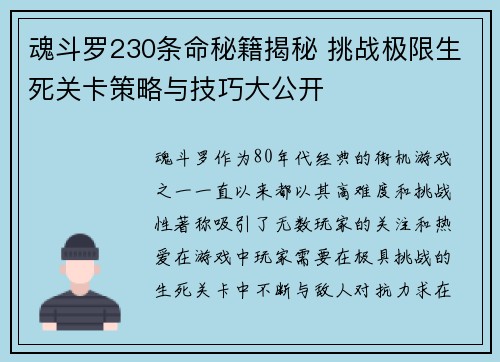 魂斗罗230条命秘籍揭秘 挑战极限生死关卡策略与技巧大公开